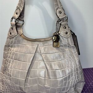 Coach Madison crocodile embossed leather classic handbag in light grey